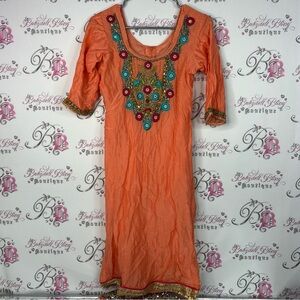 Dress embroidered beaded zip up Embellished Orange Dress with Intricate Details